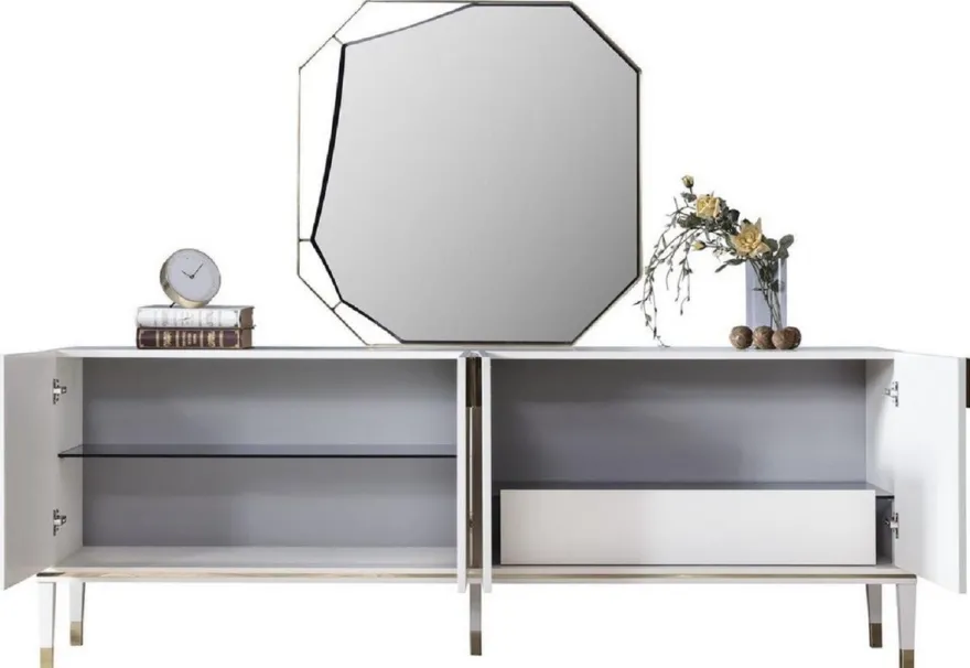 Casa Padrino Luxus Möbel Set Weiß / Gold - 1 Sideboard mit 4 Türen & 1 Spiegel - Moderne Massivholz Möbel - Luxus Kollektion