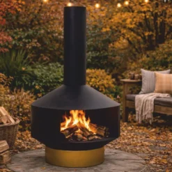 Casa Padrino Luxus Metall Gartenkamin Schwarz / Messing H. 105 cm - Garten Accessoires