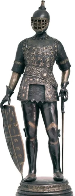 Casa Padrino Luxus Mittelalter Deko Bronze Skulptur Ritter mit Schwert und Schild 74 x 56 x H. 193 cm - Große Bronze Dekofigur - Mittelalter Deko Accessoires