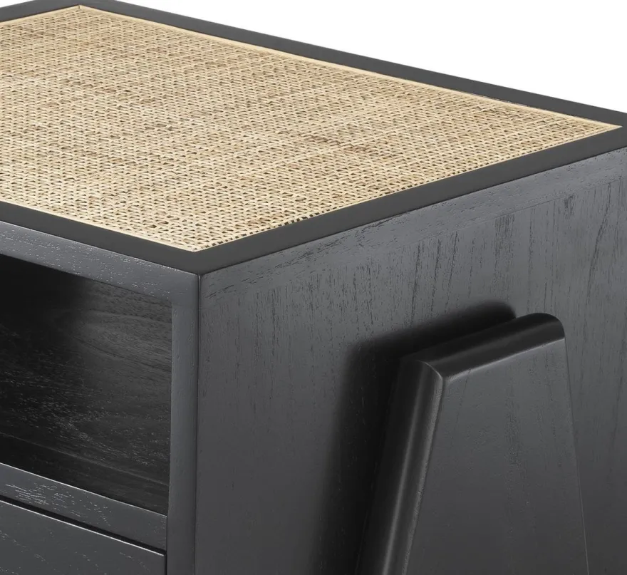 Casa Padrino Luxus Nachttisch Schwarz / Naturfarben 58 x 45 x H. 55,5 cm - Massivholz Beistelltisch mit Rattangeflecht - Luxus Schlafzimmer Möbel