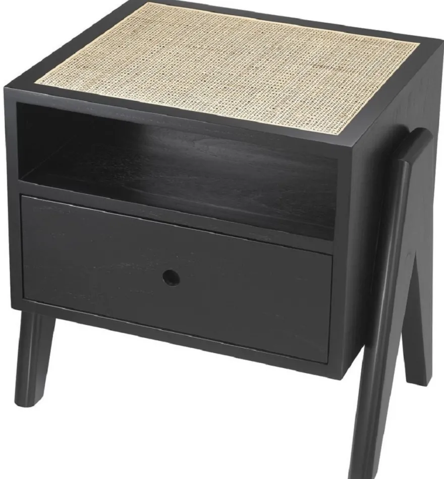 Casa Padrino Luxus Nachttisch Schwarz / Naturfarben 58 x 45 x H. 55,5 cm - Massivholz Beistelltisch mit Rattangeflecht - Luxus Schlafzimmer Möbel