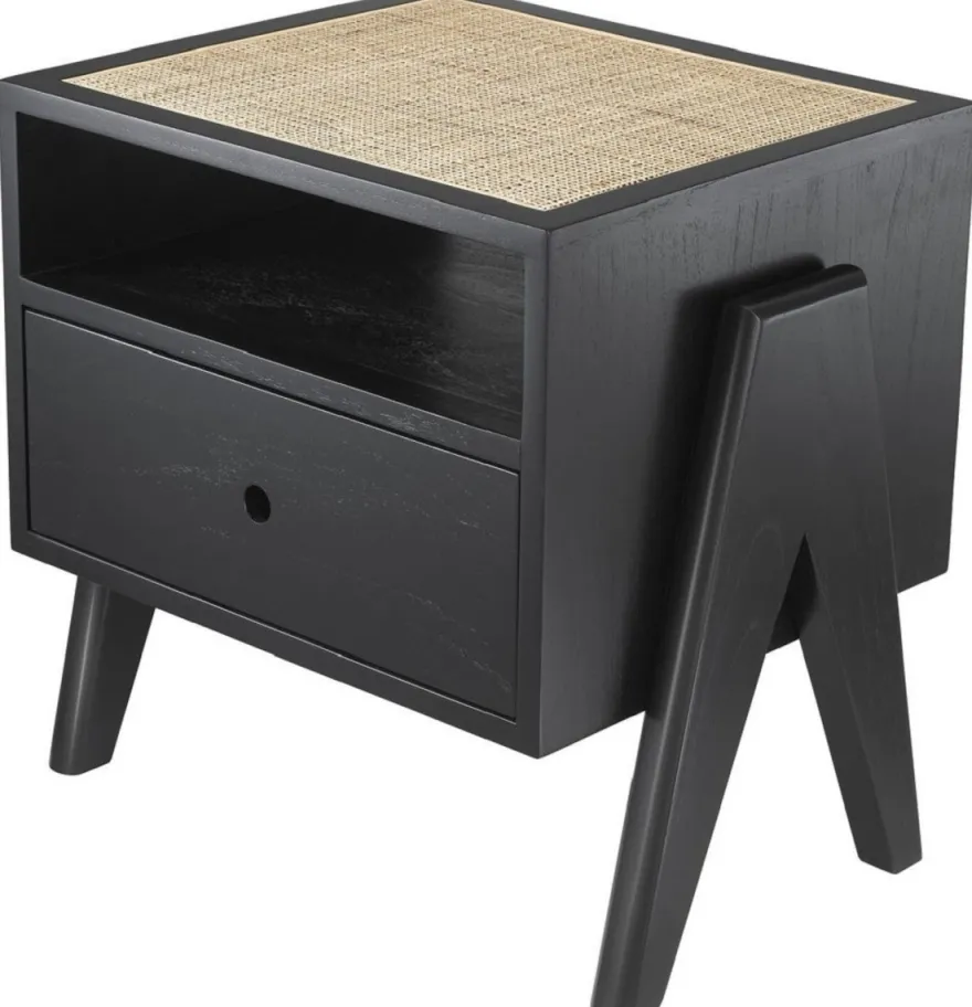 Casa Padrino Luxus Nachttisch Schwarz / Naturfarben 58 x 45 x H. 55,5 cm - Massivholz Beistelltisch mit Rattangeflecht - Luxus Schlafzimmer Möbel