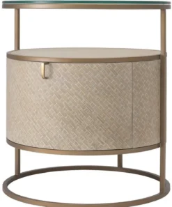 Casa Padrino Luxus Nachttisch Beige / Messingfarben Ø 50 x H. 56 cm - Runder Beistelltisch mit Schublade und Glasplatte - Luxus Schlafzimmermöbel