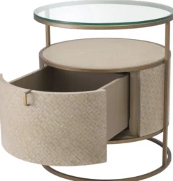 Casa Padrino Luxus Nachttisch Beige / Messingfarben Ø 50 x H. 56 cm - Runder Beistelltisch mit Schublade und Glasplatte - Luxus Schlafzimmermöbel