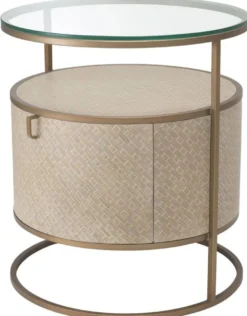 Casa Padrino Luxus Nachttisch Beige / Messingfarben Ø 50 x H. 56 cm - Runder Beistelltisch mit Schublade und Glasplatte - Luxus Schlafzimmermöbel