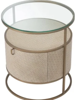 Casa Padrino Luxus Nachttisch Beige / Messingfarben Ø 50 x H. 56 cm - Runder Beistelltisch mit Schublade und Glasplatte - Luxus Schlafzimmermöbel