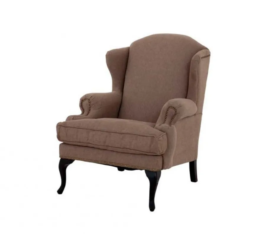 Casa Padrino Luxus Ohrensessel in Braun mit schwarzen Beinen und Antik-Messing Nägeln - 82 x 100 x 105 cm