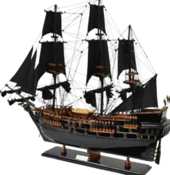 Casa Padrino Luxus Piratenschiff Black Pearl Schwarz / Braun 87 x 27 x H. 73 cm - Handgefertigtes Deko Schiff - Holzschiff - Segelschiff - Kriegsschiff - Modellschiff - Deko Accessoires