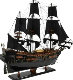 Casa Padrino Luxus Piratenschiff Black Pearl Schwarz / Braun 87 x 27 x H. 73 cm - Handgefertigtes Deko Schiff - Holzschiff - Segelschiff - Kriegsschiff - Modellschiff - Deko Accessoires