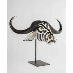 Casa Padrino Luxus Porzellan Deko Maske Büffel Weiß / Schwarz / Gold 67 x 22 x H. 36 cm