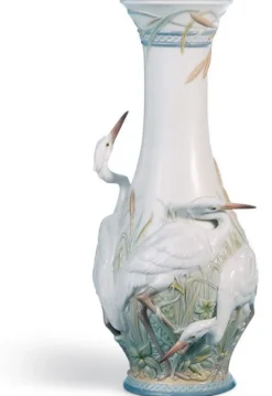 Casa Padrino Luxus Porzellan Vase Störche Weiß / Mehrfarbig Ø 17 x H. 35 cm - Dekorative Handwerkskunst