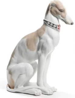 Casa Padrino Luxus Porzellan Skulptur Windhund Weiß / Braun 11 x H. 30 cm