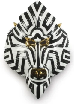 Casa Padrino Luxus Porzellan Deko Maske Pavian Affe Schwarz / Weiß / Gold 31 x 14 x H. 44 cm - Moderne handgefertigte Wanddeko - Erstklassische Qualität - Made in Spain