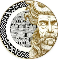 Casa Padrino Luxus Porzellan Teller Gott (rechte Seite) Weiß / Schwarz / Gold Ø 29 cm - Handbemalter Porzellan Essteller - Luxus Qualität - Made in Italy