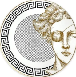 Casa Padrino Luxus Porzellan Teller Frau mit Augenklappe Weiß / Schwarz / Gold Ø 29 cm - Handbemalter Porzellan Essteller - Luxus Qualität - Made in Italy