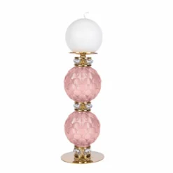Casa Padrino Luxus Porzellan Kristall Kerzenhalter Rosa / Gold H. 30 cm - Made in Italy
