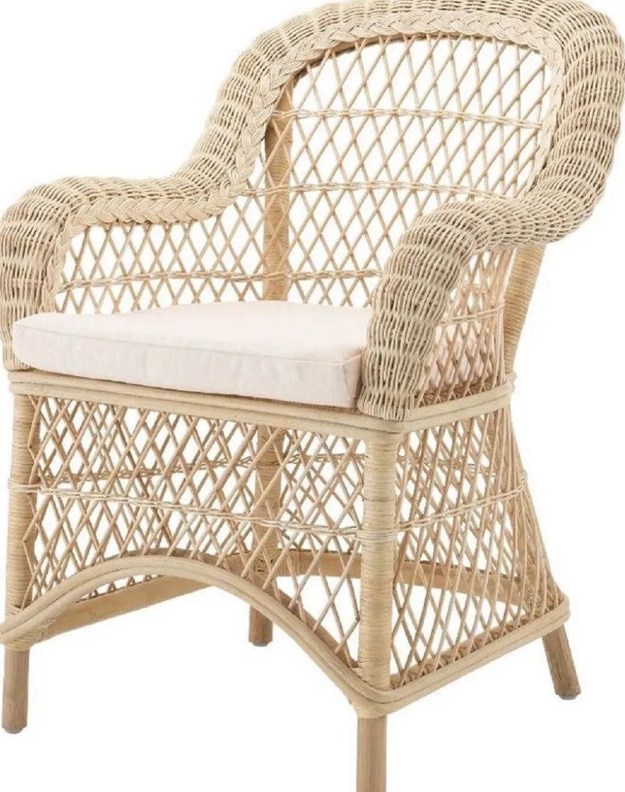 Casa Padrino Luxus Rattan Esszimmerstuhl mit Armlehnen und Kissen Naturfarben / Cremefarben 63 x 68 x H. 88 cm - Esszimmermöbel