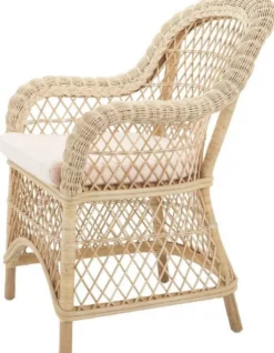 Casa Padrino Luxus Rattan Esszimmerstuhl mit Armlehnen und Kissen Naturfarben / Cremefarben 63 x 68 x H. 88 cm - Esszimmermöbel