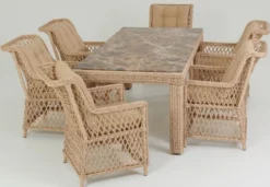 Casa Padrino Luxus Rattan Gartenmöbel Set Naturfarben / Beige / Braun - 1 Rattan Garten Esstisch mit Glasplatte in Marmoroptik & 6 Rattan Gartenstühle mit Armlehnen - Garten & Terrassen Möbel