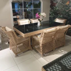 Casa Padrino Luxus Rattan Garten Esstisch mit Glasplatte Naturfarben / Grau 200 cm