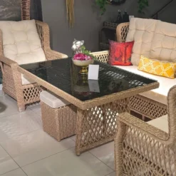 Casa Padrino Luxus Rattan Garten Esstisch mit Glasplatte Naturfarben / Grau 200 cm