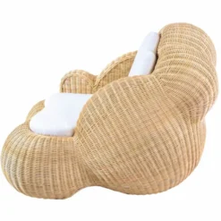 Casa Padrino Luxus Rattan Sessel mit Kissen Naturfarben / Weiß - Rattan Möbel