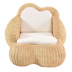 Casa Padrino Luxus Rattan Sessel mit Kissen Naturfarben / Weiß - Rattan Möbel
