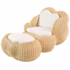 Casa Padrino Luxus Rattan Sessel mit Kissen Naturfarben / Weiß - Rattan Möbel