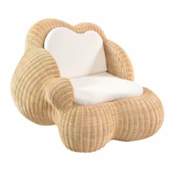 Casa Padrino Luxus Rattan Sessel mit Kissen Naturfarben / Weiß - Rattan Möbel