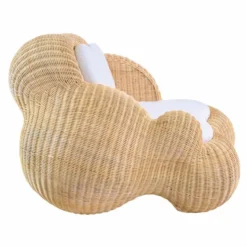 Casa Padrino Luxus Rattan Sessel mit Kissen Naturfarben / Weiß - Rattan Möbel
