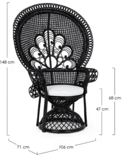 Casa Padrino Luxus Rattan Sessel Schwarz / Weiß 106 x 71 x H. 148 cm - Vintage Stil Rattan Sessel mit Sitzkissen - Vintage Stil Rattan Möbel - Garten & Terrassen Möbel