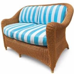 Casa Padrino Luxus Rattan Sofa Honigfarben / Weiß / Blau 140 cm - Hotel Möbel - Rattan Möbel - Luxus Möbel