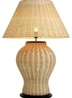 Casa Padrino Luxus Rattan Tischleuchte Naturfarben / Schwarz Ø 66,5 x H. 96,5 cm