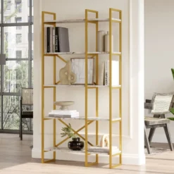 Casa Padrino Luxus Regalschrank mit Marmor Regalen Gold / Weiß 87,5 x 30 x H. 175 cm - Bücherschrank - Wohnzimmer Schrank - Büro Schrank - Wohnzimmer Möbel - Büro Möbel - Luxus Möbel