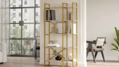 Casa Padrino Luxus Regalschrank mit Marmor Regalen Gold / Weiß 87,5 x 30 x H. 175 cm - Bücherschrank - Wohnzimmer Schrank - Büro Schrank - Wohnzimmer Möbel - Büro Möbel - Luxus Möbel