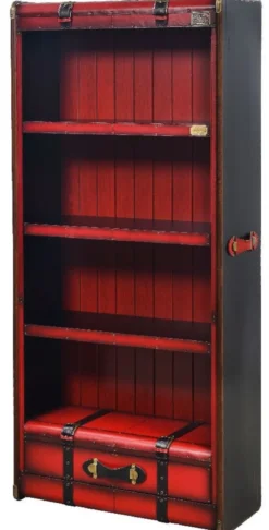 Casa Padrino Luxus Regalschrank in Koffer Optik Rot / Schwarz / Braun / Messing 84 x 35 x H. 187,5 cm - Massivholz Schrank mit Echtleder - Büro Schrank - Büro Möbel - Luxus Möbel in Koffer Optik