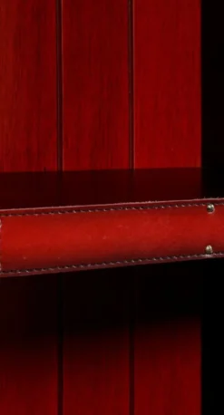 Casa Padrino Luxus Regalschrank in Koffer Optik Rot / Schwarz / Braun / Messing 84 x 35 x H. 187,5 cm - Massivholz Schrank mit Echtleder - Büro Schrank - Büro Möbel - Luxus Möbel in Koffer Optik