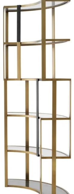 Casa Padrino Luxus Regalschrank Messing / Schwarz / Grau 115 x 37 x H. 240 cm - Gebogener Metall Schrank mit 6 Glasregalen - Wohnzimmer Möbel - Hotel Möbel - Luxus Möbel - Luxus Qualität
