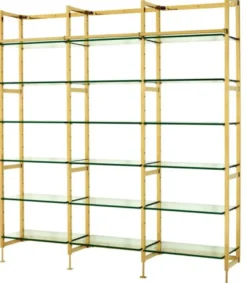 Casa Padrino Luxus Regal Schrank Edelstahl Gold mit Glasböden B 223 x H 245 cm Bücherregal Regal Schrank - Art Deco Möbel