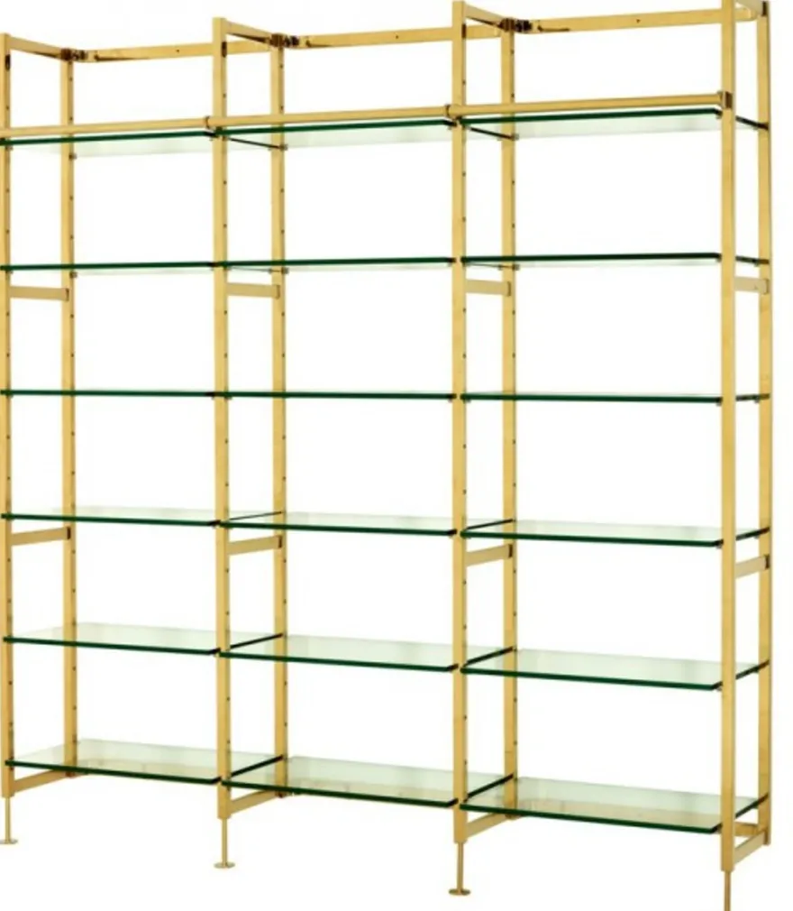 Casa Padrino Luxus Regal Schrank Edelstahl Gold mit Glasböden B 223 x H 245 cm Bücherregal Regal Schrank - Art Deco Möbel