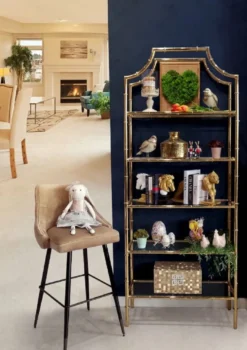 Casa Padrino Luxus Regalschrank Gold 78 x 33 x H. 197 cm - Edelstahl Schrank mit 5 Glasregalen - Luxus Wohnzimmer Möbel