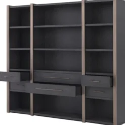 Casa Padrino Luxus Regalschrank mit 6 Schubladen Anthrazitgrau / Bronzefarben 253 x 47 x H. 229 cm - Bücherschrank - Wohnzimmerschrank - Büroschrank - Luxus Schrank