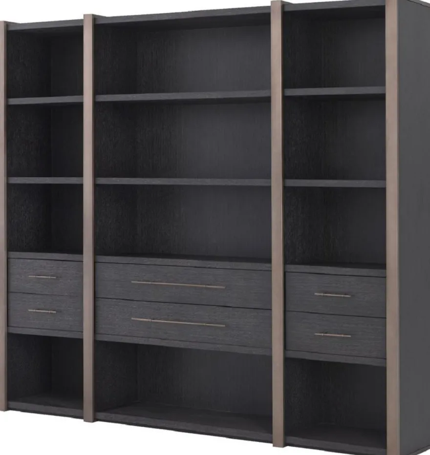 Casa Padrino Luxus Regalschrank mit 6 Schubladen Anthrazitgrau / Bronzefarben 253 x 47 x H. 229 cm - Bücherschrank - Wohnzimmerschrank - Büroschrank - Luxus Schrank