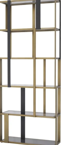 Casa Padrino Luxus Regalschrank Messing / Mattschwarz / Grau 100 x 37 x H. 240,5 cm - Edelstahl Schrank mit 5 Glasregalen - Wohnzimmerschrank - Büroschrank - Luxus Möbel