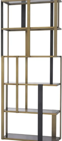 Casa Padrino Luxus Regalschrank Messing / Mattschwarz / Grau 100 x 37 x H. 240,5 cm - Edelstahl Schrank mit 5 Glasregalen - Wohnzimmerschrank - Büroschrank - Luxus Möbel