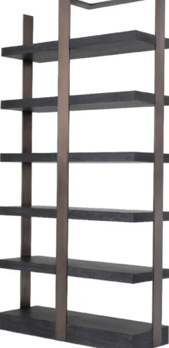 Casa Padrino Luxus Regalschrank Schwarz / Bronze 120,5 x 40 x H. 230 cm - Eichenfurnier Schrank mit Edelstahlrahmen - Bücherschrank - Luxus Wohnzimmer Möbel