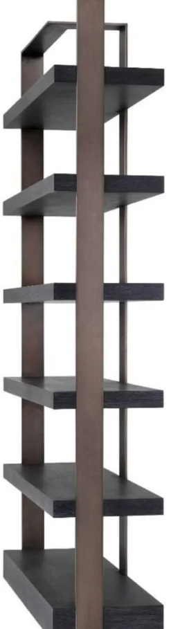 Casa Padrino Luxus Regalschrank Schwarz / Bronze 120,5 x 40 x H. 230 cm - Eichenfurnier Schrank mit Edelstahlrahmen - Bücherschrank - Luxus Wohnzimmer Möbel
