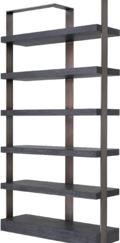 Casa Padrino Luxus Regalschrank Schwarz / Bronze 120,5 x 40 x H. 230 cm - Eichenfurnier Schrank mit Edelstahlrahmen - Bücherschrank - Luxus Wohnzimmer Möbel