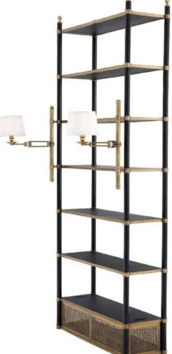 Casa Padrino Luxus Regalschrank mit 2 schwenkbaren Leuchten Vintage Messing / Schwarz 105 x 44 x H. 250 cm - Bücherschrank - Wohnzimmerschrank - Büroschrank - Luxus Möbel