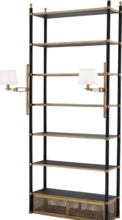 Casa Padrino Luxus Regalschrank mit 2 schwenkbaren Leuchten Vintage Messing / Schwarz 105 x 44 x H. 250 cm - Bücherschrank - Wohnzimmerschrank - Büroschrank - Luxus Möbel